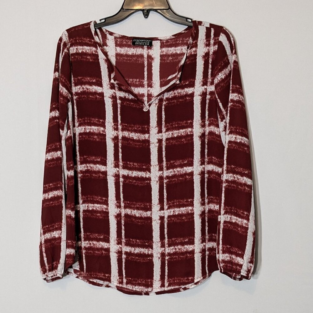 PAPERMOON, Stitch Fix Burgundy Chiffon Long Sleeve V-Neck Top; Size XS